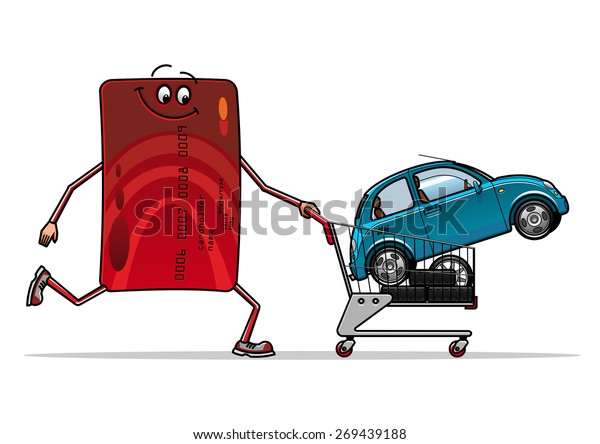 Buying car concept showing happy red credit\
card cartoon character with new blue car and set of tires in\
shopping cart isolated on white\
background