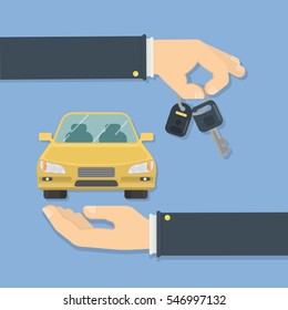 Buying car concept. Two hands with keys and car. Idea of car service, business and transportation.