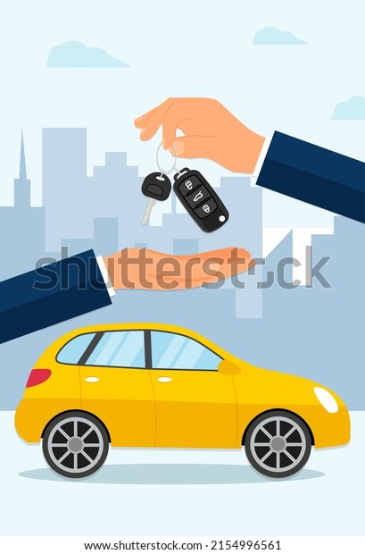 Buying A Car. Dealer, Buyer Hand. car showroom.\
Flat Vector Illustration. Eps\
10