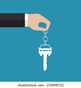 Buying the car. The hand holding the car key. Vector illustration