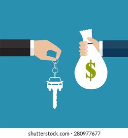 Buying the car. The hand holding the car key and the other hand holding the bag with money. Vector illustration