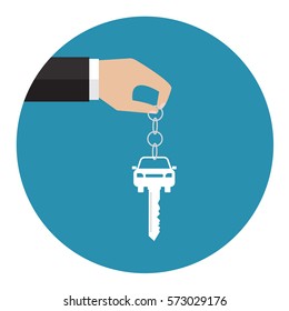 Buying the car. The hand holding the car key on blue background. Vector illustration