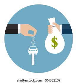 Buying the car. The hand holding the car key and the other hand holding the bag with money. Vector illustration