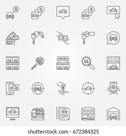 Comprar um conjunto de ícones de carro - símbolos conceito de concessionária de carros vetoriais ou elementos de design de negócios automotivos em estilo de linha fina