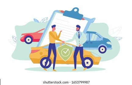 Buying Car Immediately with Insurance, Cartoon. Next to New Car is Client and an Insurance Company Manager. In Background is Large Tablet with Paper Sheet, they Shake Hands as Sign Contract.