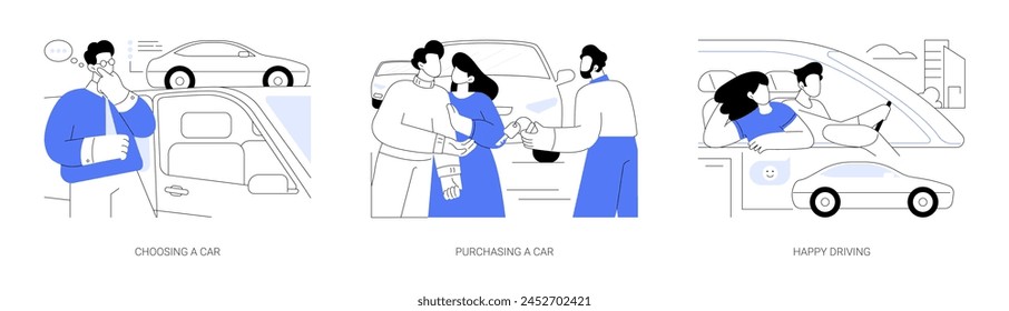 Buying a car isolated cartoon vector illustrations set. Choosing automobile in salon, smiling couple purchasing new vehicle, happy people driving in the city, personal transport vector cartoon.