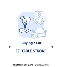 Buying car light blue concept icon. Life skill abstract idea thin line illustration. Purchasing vehicle. Car dealership. Isolated outline drawing. Editable stroke. Arial, Myriad Pro-Bold fonts used