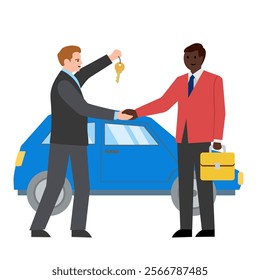 Buying a car, a man gives the car keys to a black man. Vector simple color flat illustration.