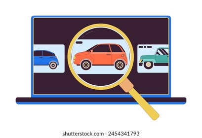 Buying car online 2D linear illustration concept. Choosing auto on dealer website cartoon objects isolated on white. Internet service for vehicle selling metaphor abstract flat vector outline graphic