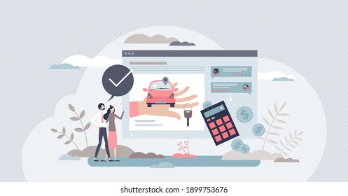 Buying Car Online And Purchase From Dealership Website Tiny Person Concept. Vehicle Review From Salesman As Digital Distant Service For Auto Buyer Vector Illustration. Price Payment Calculator Page.