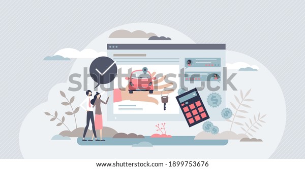 Buying car online and purchase from dealership\
website tiny person concept. Vehicle review from salesman as\
digital distant service for auto buyer vector illustration. Price\
payment calculator\
page.