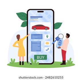 Buying car online, website platform with dealer and owner offers. Tiny people study new or used motor vehicle options to click Buy button for purchase on sellers page cartoon vector illustration