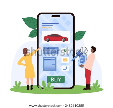Buying car online, website platform with dealer and owner offers. Tiny people study new or used motor vehicle options to click Buy button for purchase on sellers page cartoon vector illustration