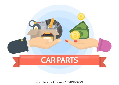 Buying car parts. Hands holding items and money.