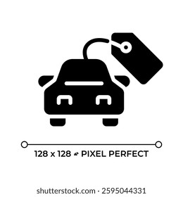 Buying car pixel perfect black glyph icon. Vehicle pricing tag, transport. Automobile maintenance. Financial management. Silhouette symbol on white space. Solid pictogram. Vector isolated illustration