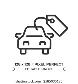 Buying car pixel perfect linear icon. Vehicle pricing tag, transport. Automobile maintenance. Financial management. Thin line illustration. Contour symbol. Vector outline drawing. Editable stroke