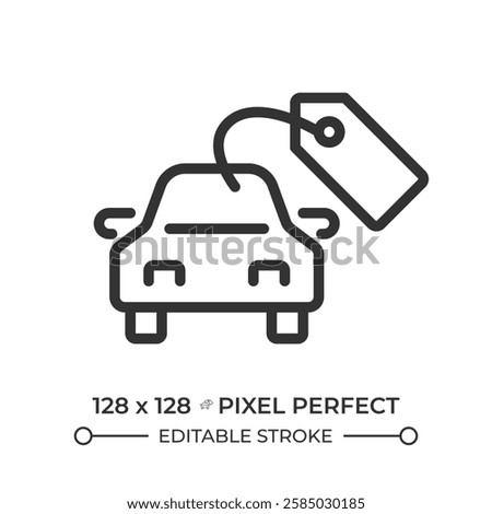 Buying car pixel perfect linear icon. Vehicle pricing tag, transport. Automobile maintenance. Financial management. Thin line illustration. Contour symbol. Vector outline drawing. Editable stroke