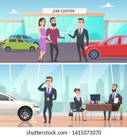 Buying car. Sell and rent auto in car exhibition advertising banners concept vector characters. Illustration of auto buy, new automobile