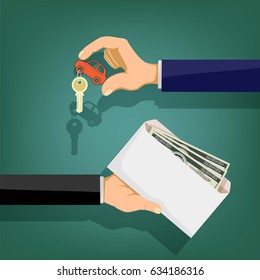 Buying a car. The two men are holding an envelope with money and keys from the vehicle. Stock vector illustration.