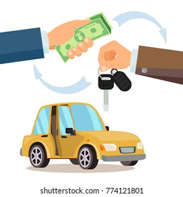 Buying A Car Vector. Dealer, Buyer Hand. Car Showroom. Flat Illustration