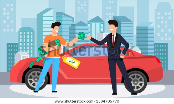 Buying Car\
for Winning Money Vector Illustration. Smiling Men are Standing\
Next to Beautiful Car. Man Holds an Armful Money, Manager in Suit\
Sells Car. Happy Event Car Purchase\
Cartoon.