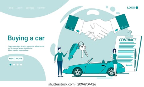 Buying a car.Buying selling renting cars.The concept of safe and fast purchase and execution of a sales contract.An illustration in the style of a green landing page.