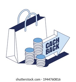Buying cashback arrow, coins money. Vector 3d line isometric, color web icons, new flat style. Creative illustration, design idea for infographics.