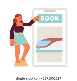 Buying cheap train ticket over phone flat concept vector spot illustration. Editable 2D cartoon character on white for web UI design. Passenger booking creative hero image. Jost Extrabold font used