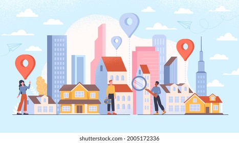 Buying, choosing housing, real estate and turnkey rentals, buildings, skyscrapers, house. Abstract concept with multiethnic tiny people characters. Flat cartoon colorful vector illustration