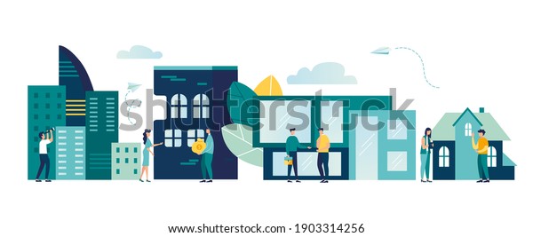 Buying and\
choosing housing, real estate and turnkey rentals, buildings,\
skyscrapers, house, vector illustration\
