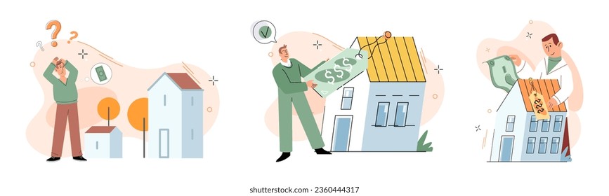 Buying and choosing housing. Vector illustration The house was listed by reputable real estate agency The property market offered various investment opportunities for buyers The mortgage terms svg