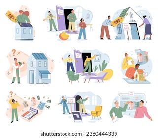 Buying and choosing housing. Vector illustration The apartment was available for rent The sale property was finalized The buyer decided to invest in real estate The purchase house was wise investment