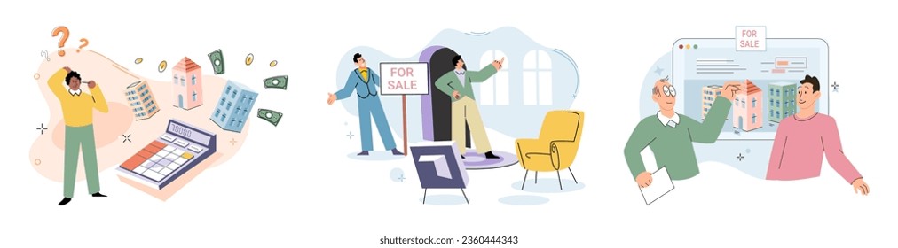 Buying and choosing housing. Vector illustration The house provided comfortable living space The home was filled with warmth and love The property had beautiful garden The estate agent assisted