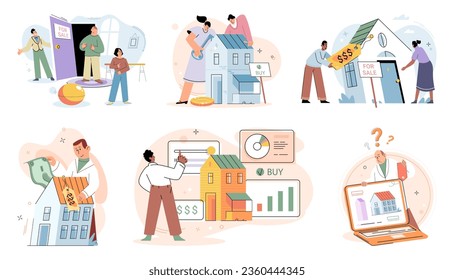 Buying and choosing housing. Vector illustration The estate agent guided buyer through purchasing process Investing in real estate was popular choice The property had modern design and aesthetic