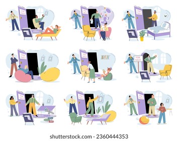 Buying and choosing housing. Vector illustration The choice between renting and buying depended on personal preferences For sale depicted different types houses The estate agent guided