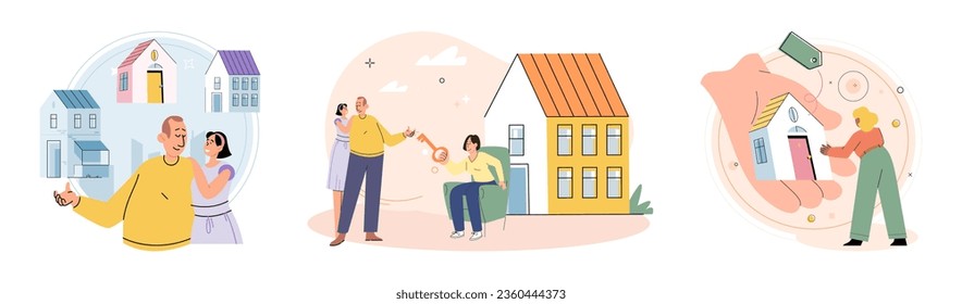 Buying and choosing housing. Vector illustration The choice between renting and buying depended on individual circumstances The vector illustration showcased different types residential properties