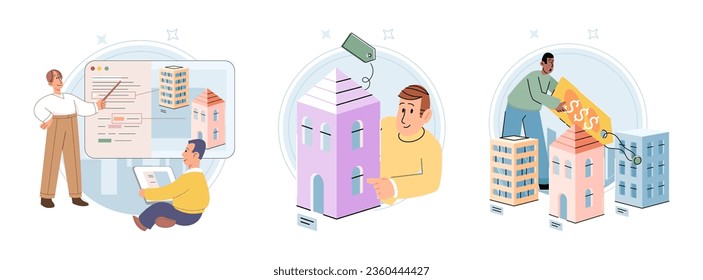 Buying and choosing housing. Vector illustration The house became cozy home for family The property had spacious backyard The real estate agent helped secure mortgage for purchase The apartment