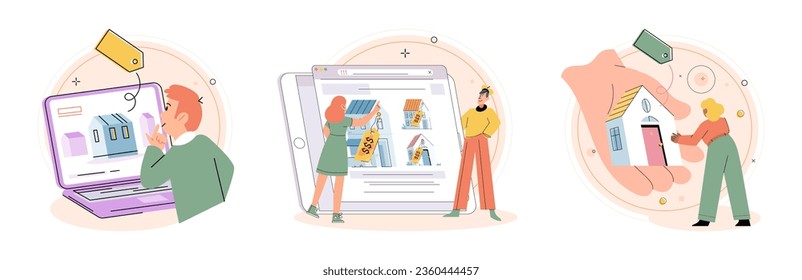 Buying and choosing housing. Vector illustration The purchase residential property marked new chapter in buyers life The business flourished in its new building, attracting more customers Choosing