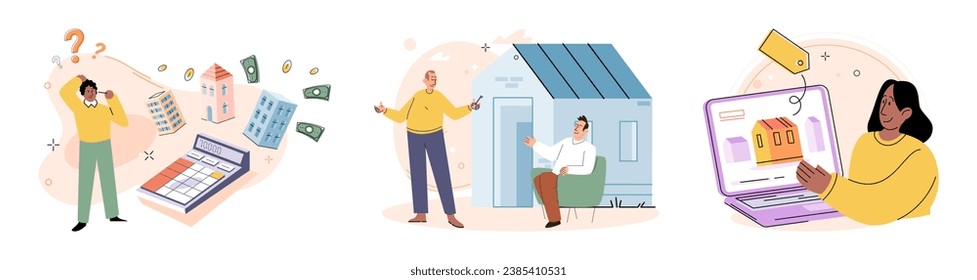 Buying and choosing housing. Vector illustration The estate agent guided buyer through purchasing process Investing in real estate was popular choice The property had modern design and aesthetic
