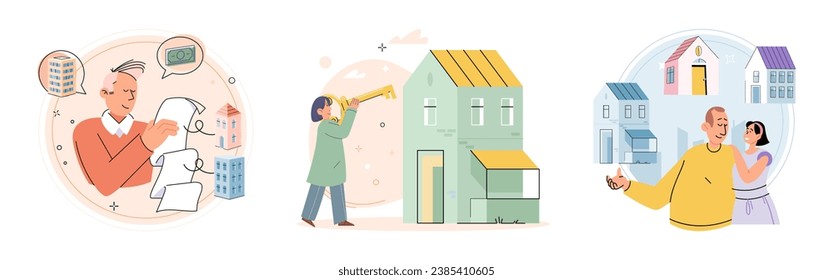 Buying and choosing housing. Vector illustration The residential property offered comfortable living space The business thrived in commercial building Choosing right housing option was crucial