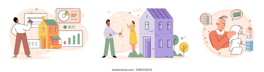 Buying and choosing housing. Vector illustration The buyer made informed decision based on investment potential The purchase residential property was significant milestone The business expanded