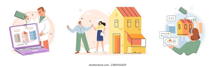 Buying and choosing housing. Vector illustration The choice between renting and buying depended on personal preferences The vector illustration depicted different types houses The estate agent guided