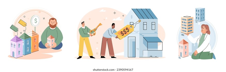 Buying and choosing housing. Vector illustration The property market offered diverse investment opportunities The mortgage rate influenced buyers decision The apartment complex had amenities for rent