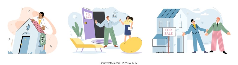 Buying and choosing housing. Vector illustration The mortgage allowed buyer to purchase their dream home The apartment was in high demand for rent due to its convenient location The sale property