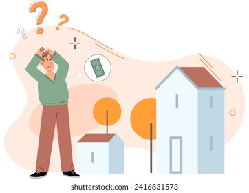 Buying and choosing housing. Vector illustration The estate agent assisted in securing mortgage loan The apartment was available for rent at affordable price The sale property attracted several