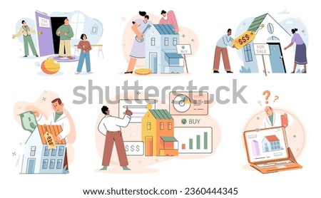 Buying and choosing housing. Vector illustration The estate agent guided buyer through purchasing process Investing in real estate was popular choice The property had modern design and aesthetic