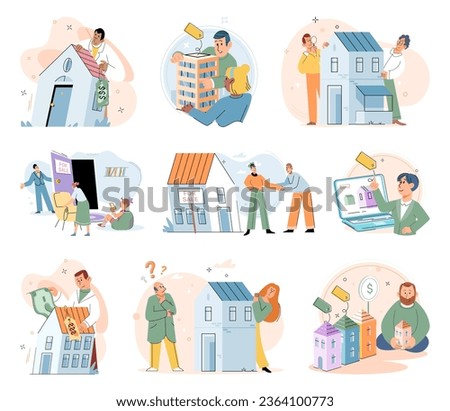 Buying and choosing housing. Vector illustration The vector illustration showcased various architectural styles The house was listed by reputable estate agent The property market offered diverse