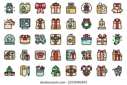 Buying Christmas gifts icons set outline vector. Box price. Offer pack thin line color flat on white