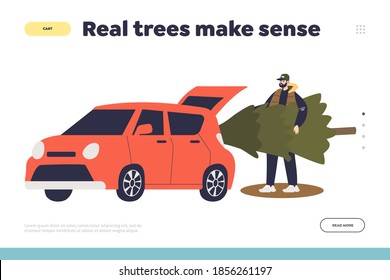 Buying Christmas tree concept of landing page with young man putting fir tree for xmas celebration in car. Cartoon male character buy fresh pine tree. Flat vector illustration