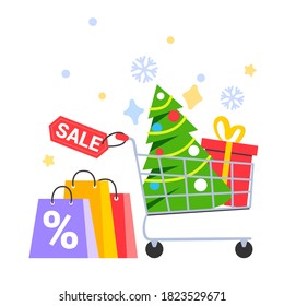 Buying a Christmas tree in a shopping cart for the New Year Supermarket basket with Christmas tree on a white background vector illustration